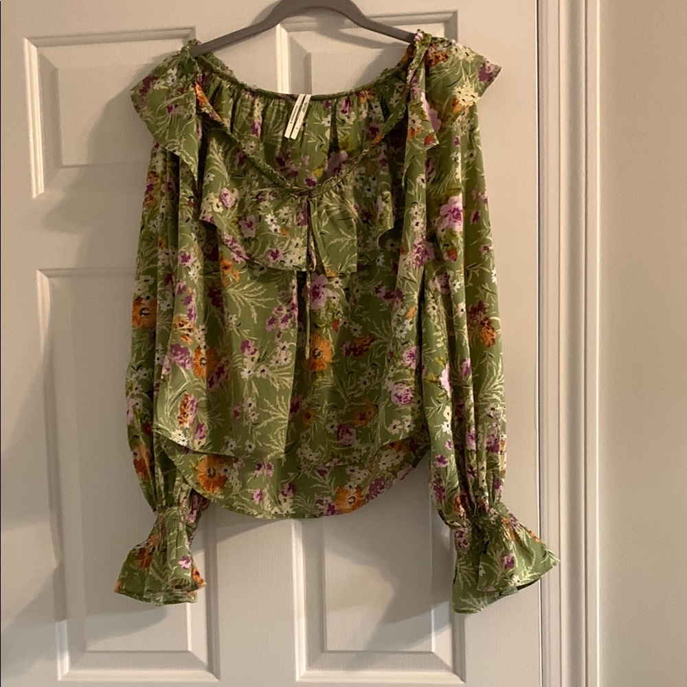 Anthropologie Green Ruffled Tie Front Blouse